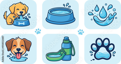 Cartoon vector close up playful golden puppy drinking from blue bowl with splash, portable water bottle and paw icons, bright lighting