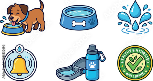 Cute cartoon vector dog hydration icon set showing brown puppy drinking from blue bowl with water splash and bottle collage