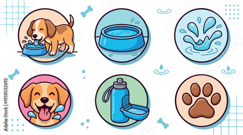 Flat design cheerful puppy drinking from blue bowl vector icons set with paw print and water splash happy tongue face