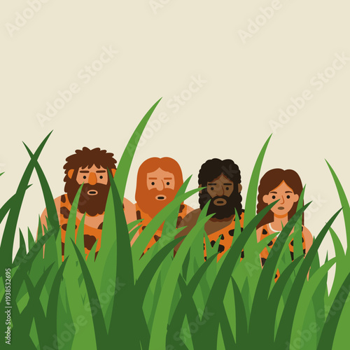 Four diverse cave people peeking out from behind tall green grass, looking curious or cautious.