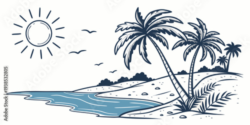 A serene beach scene with palm trees and a calm ocean under a sunny sky Vector
