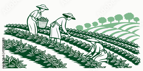 A group of people working together to plow a field with horses Vector