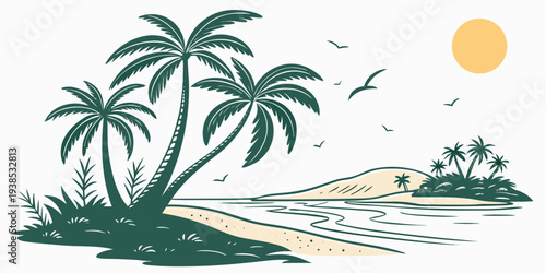 A serene tropical beach scene with palm trees and a vibrant sunset Vector