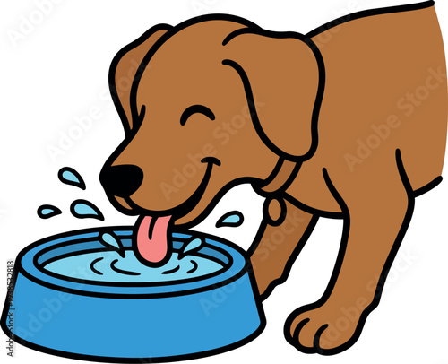 Flat design close up brown dog drinking water from blue bowl licking tongue looking down playful vector illustration happy