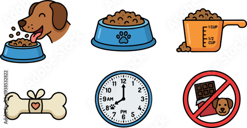 Flat design happy brown dog licking kibble from blue bowl with measuring cup, wrapped bone gift, clock, no chocolate sign