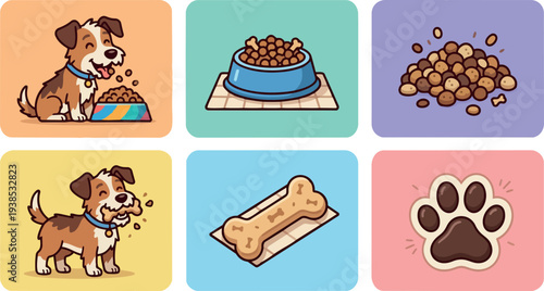 Flat design six panel colorful vector set showing happy brown dog eating kibble and bone smiling front close up playful pastel background