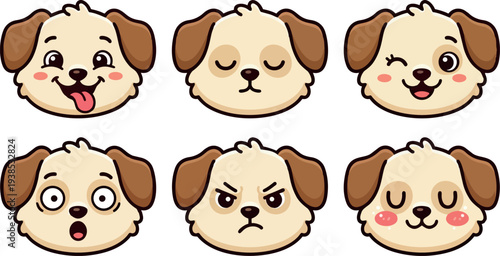 Kawaii vector puppy emoji faces set close up six expressions smiling winking surprised angry sleepy blushing flat design round outlined sticker