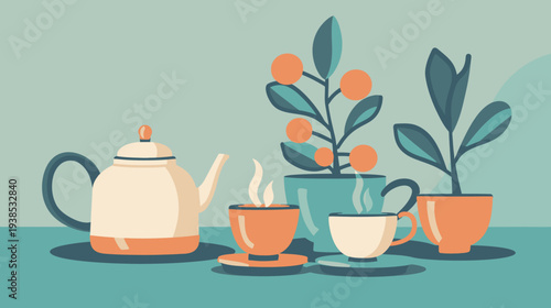 Stylized illustration of tea set with plants for refreshing beverages