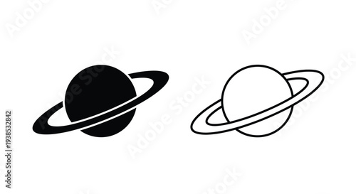 Two planetary icons depicting saturn one solid one outline silhouette