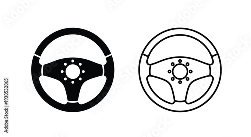 Two steering wheels depicted in contrasting black styles silhouette