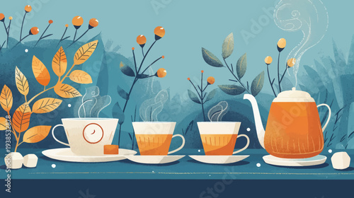 Orange teapot and cups with foliage on a turquoise background vector illustration