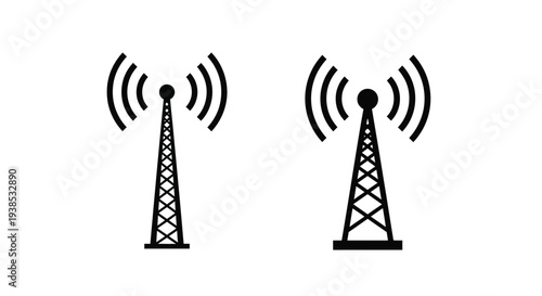 Two communication towers emitting wireless signals a stark silhouette