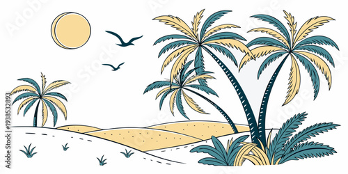 A serene tropical beach scene with palm trees and a clear blue sky Vector