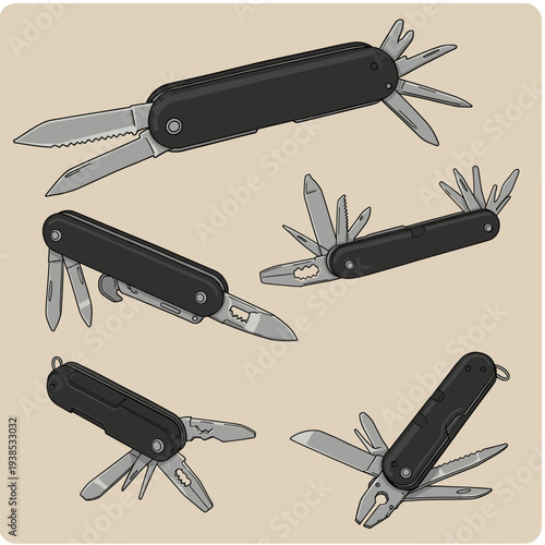 A collection of five multi-tools and pocket knives with various blades and implements extended, showcasing their versatility.
