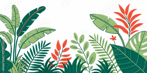 Vibrant tropical plants with red and green leaves in a lush garden setting Vector