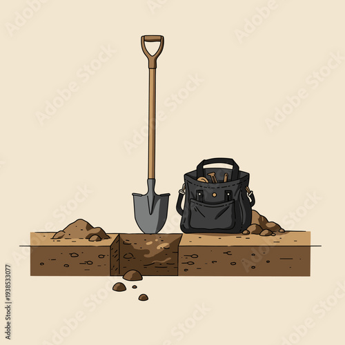 A shovel stands in a freshly dug trench next to a bag overflowing with golden treasures, illustrating a successful excavation.