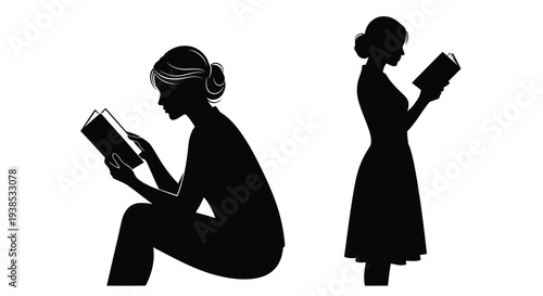 Two women reading books in a striking black silhouette