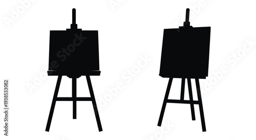 Two black wooden easels displayed against a white background silhouette