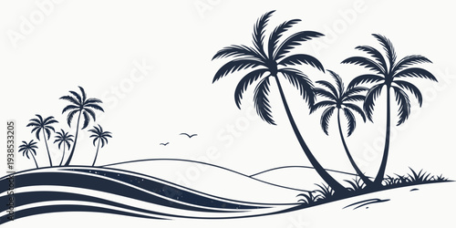 A serene beach scene with palm trees swaying in the gentle ocean breeze. Vector