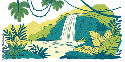A serene tropical forest scene with a small waterfall and lush greenery. Vector