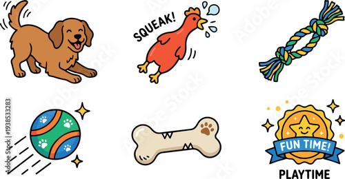 Flat design playful brown dog and assorted squeaky toys ball bone rope badge arranged on white background smiling looking forward