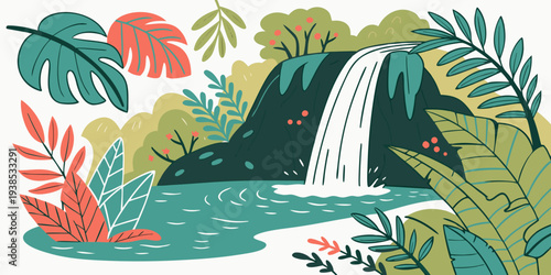 Vibrant tropical scene with waterfall and lush greenery Vector