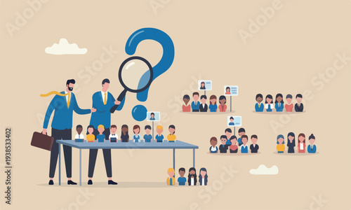HR, human flag red meeting teams together fit in job or career vacancy, diversity, people management or searching for best employee concept, business people human resources team looking at people doll