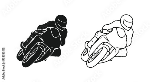Motorcycle riders in dynamic poses black and white outline silhouette