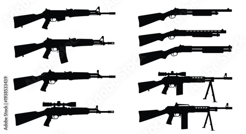 Collection of black silhouette firearms displayed in various configurations silhouette
