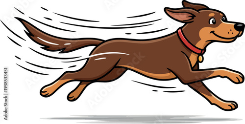 Cartoon vector energetic low angle running brown dog with red collar leaping rightward with motion lines and shadow playful cheerful mood