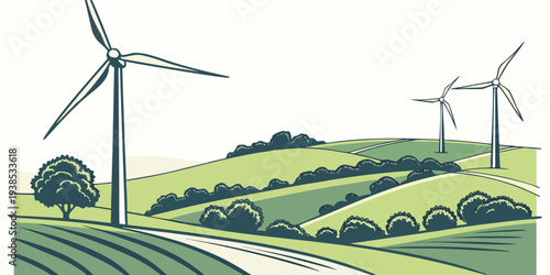 Wind turbines generating clean energy in a lush green countryside landscape. Vector