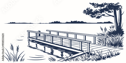A serene park bench overlooking a tranquil lake with lush trees in the background. Vector