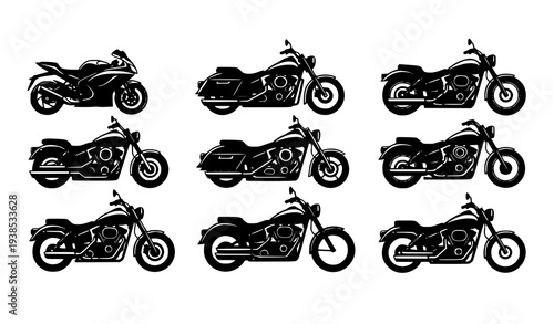 Motorcycle silhouette collection flat motorbike side view icons vector set isolated on white background
