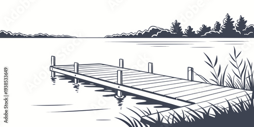 A serene lakeside scene with a wooden dock extending into the calm waters Vector
