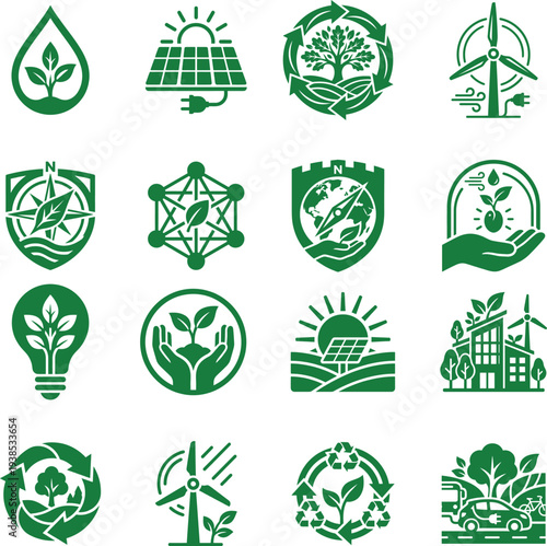 Green Renewable Energy And Sustainability Icon Set For Eco Projects
