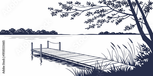 A serene winter scene with a frozen lake and snow-covered trees in the background Vector