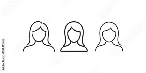 Collection of three simple line art icons representing people. Generic female avatars shown in minimal outline style on white background.