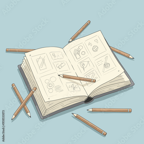 An open sketchbook filled with various small drawings and sketches, surrounded by several brown pencils on a light blue surface.