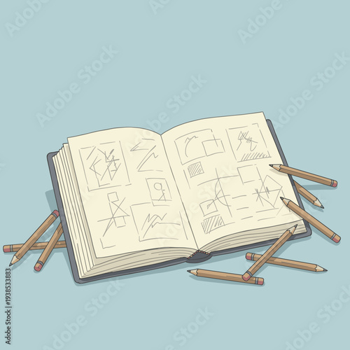 Open sketchbook filled with abstract doodles and geometric shapes, surrounded by scattered pencils on a light blue background, representing creativity.