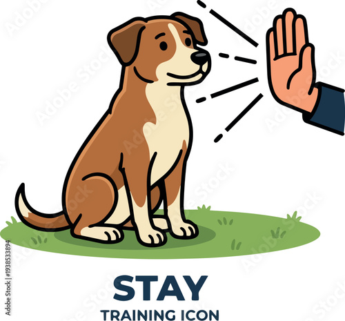 Flat design close up sitting brown dog looking at raised hand signal obedience training icon on green grass with navy text