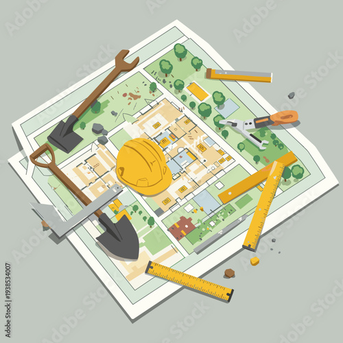 Overhead view of a construction blueprint with a hard hat and various building tools scattered around it.