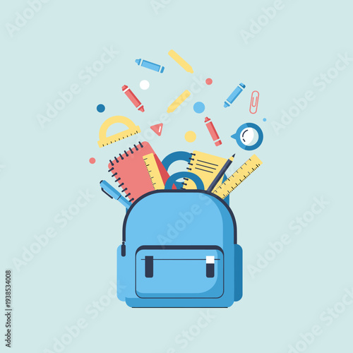 A blue school backpack with various stationery items like notebooks, pencils, rulers, and a protractor spilling out, on a light blue background.