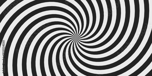 Black and white radial optical illusion vector background. High-contrast monochrome lines creating a hypnotic vortex effect and depth. 