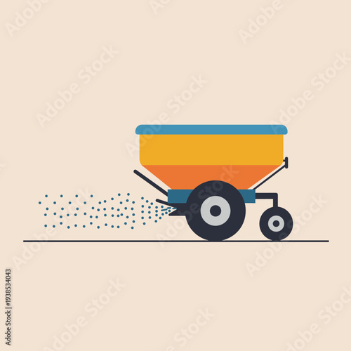 A flat illustration of an agricultural fertilizer or seed spreader machine dispensing particles.