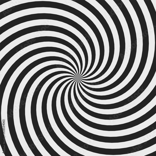 Black and white radial optical illusion vector background. High-contrast monochrome lines creating a hypnotic vortex effect and depth. 