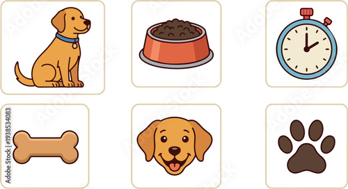 Flat design close up dog care icon set showing sitting dog looking at camera food bowl bone paw stopwatch playful warm