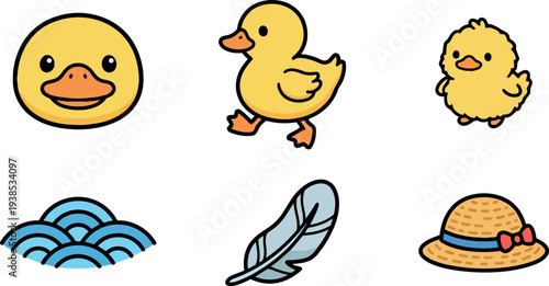 Flat design kawaii duck icon set with smiling duck face walking duck fluffy chick waves feather and straw hat, playful