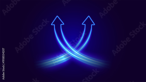 Crossing arrows.Two neon glowing intertwined arrows. Vibrant blue neon shuffle.
