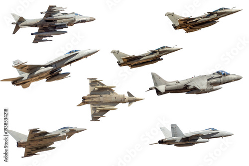 Schilderij op canvas Colección de aviones de combate militares volando aislados sobre fondo blanco