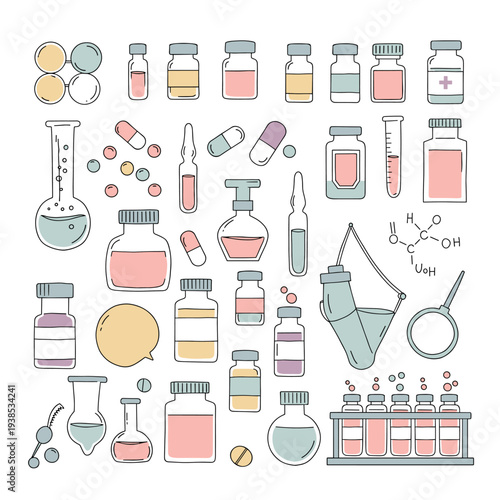 A collection of hand-drawn illustrations depicting various laboratory glassware, medical bottles, pills, and chemical elements in pastel colors.